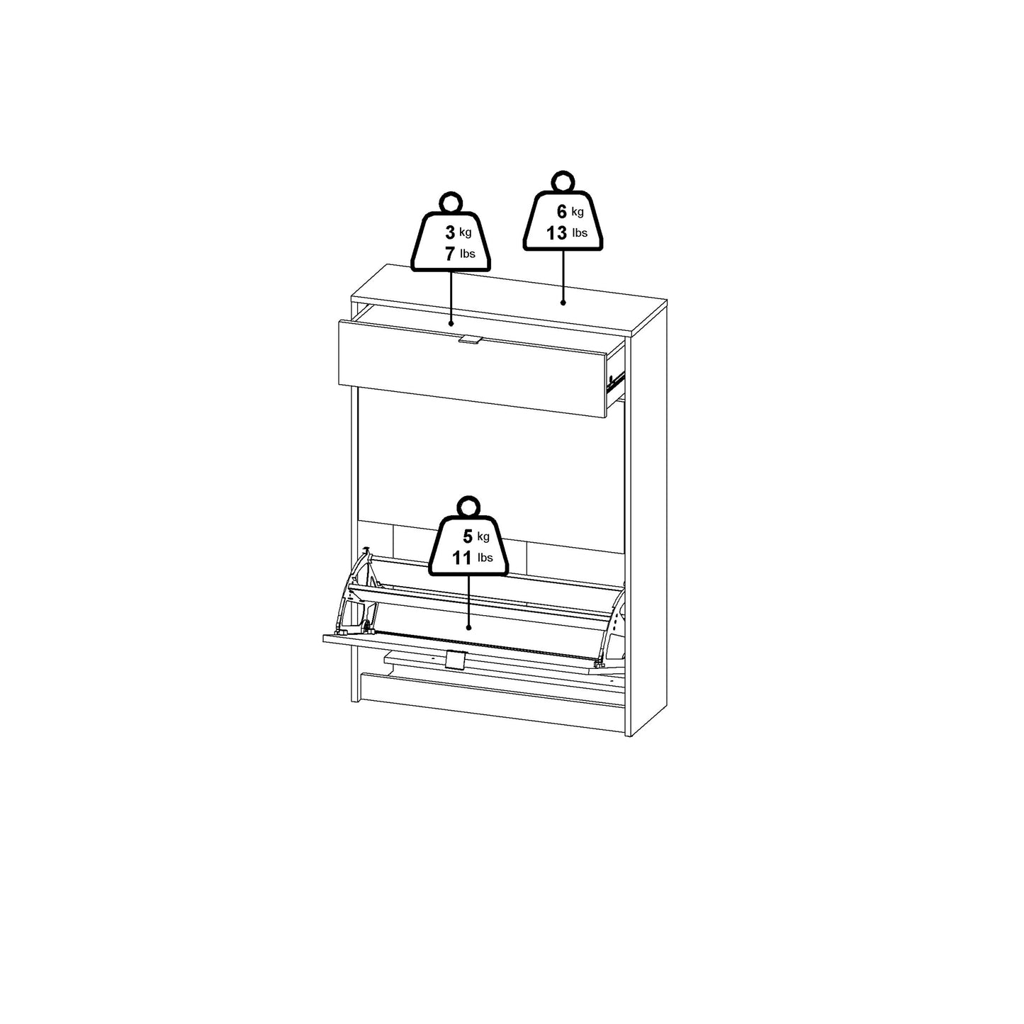 Forma Shoe Cabinet 2 Flip Down Doors + 1 Drawer in White