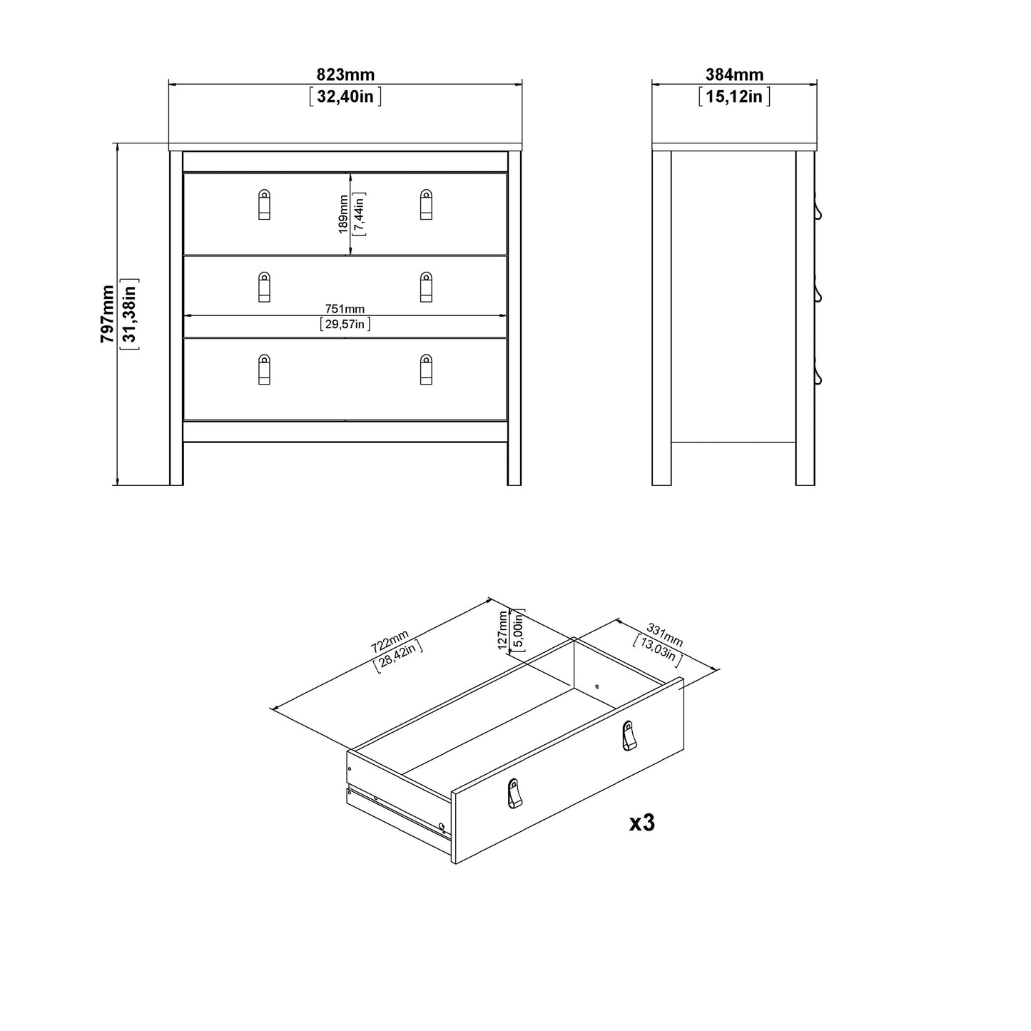 Harrow 3 Drawers Chest in Cashmere