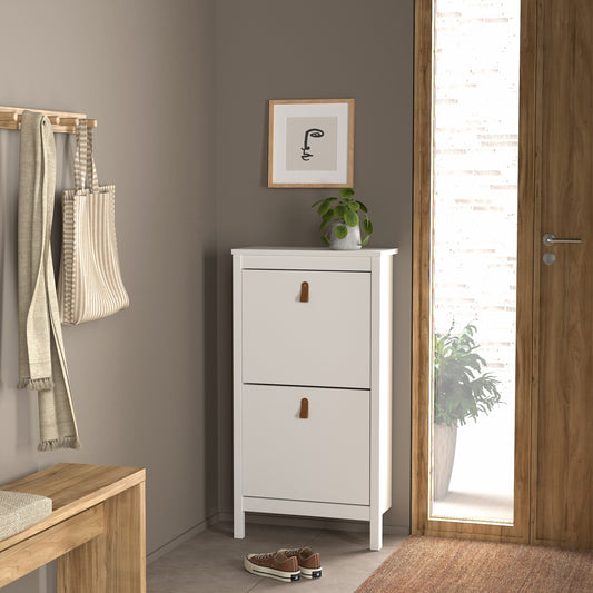 Harrow Shoe Cabinet in White & Leather Tab Handles