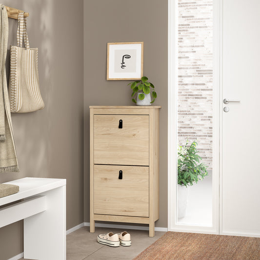 Harrow Shoe Cabinet in Oak & Leather Tab Handles