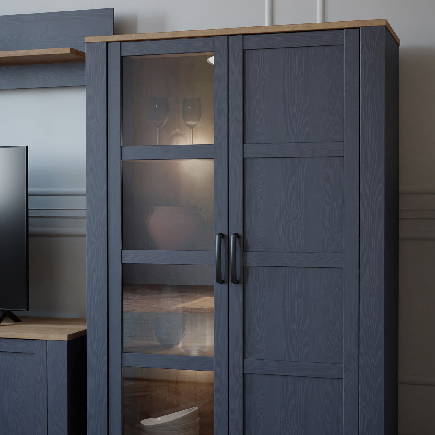 Bohol Display Cabinet with LED Lights in Navy Riviera Oak