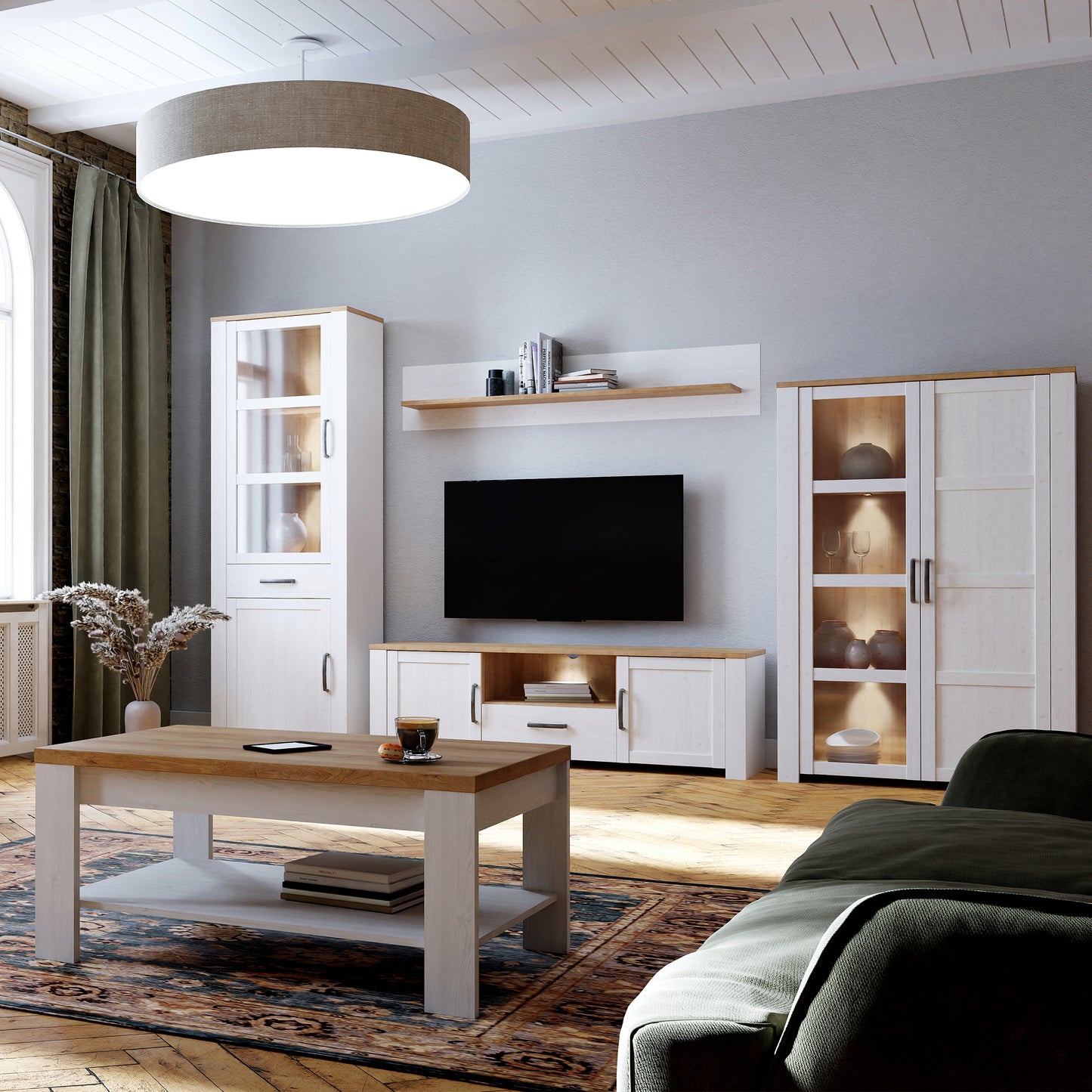 Bohol Display Cabinet with LED Lights in White Riviera Oak