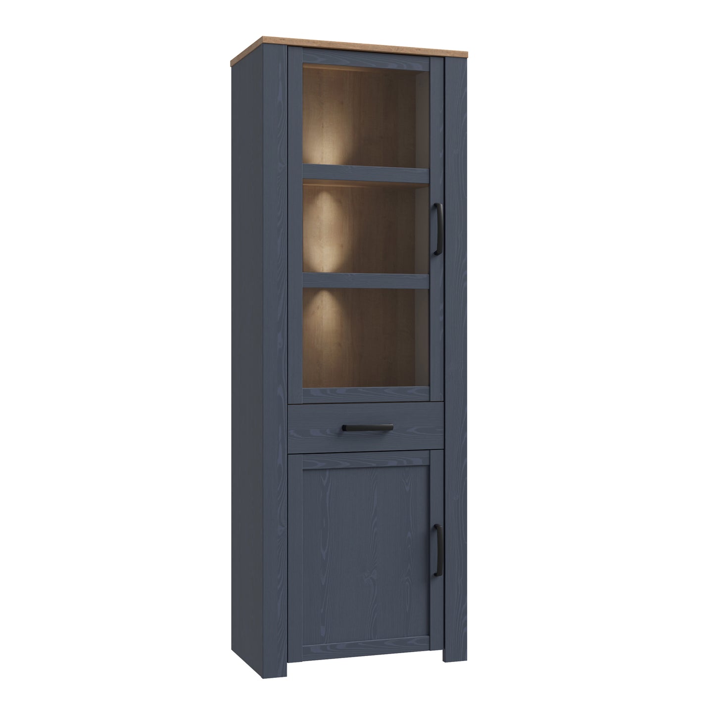 Bohol Narrow Display Cabinet with LED Lights in Navy Riviera Oak