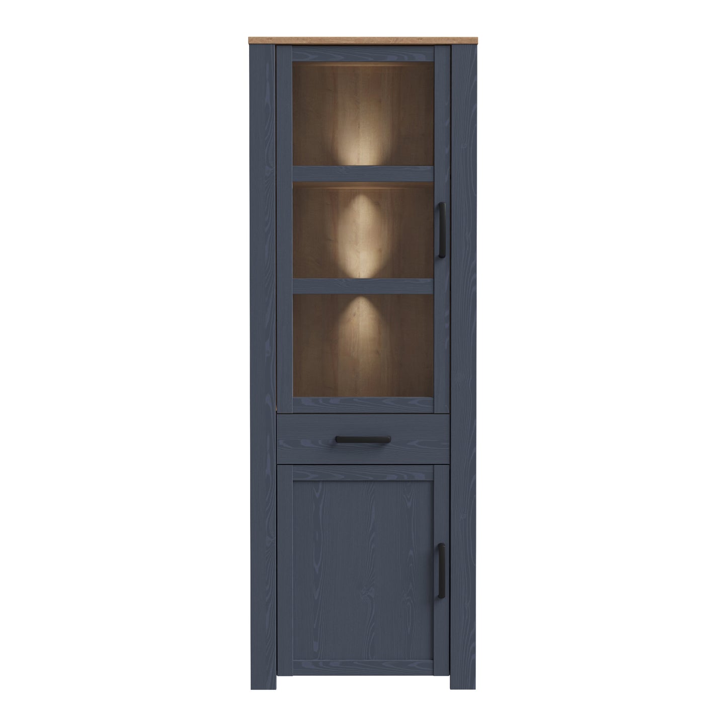 Bohol Narrow Display Cabinet with LED Lights in Navy Riviera Oak