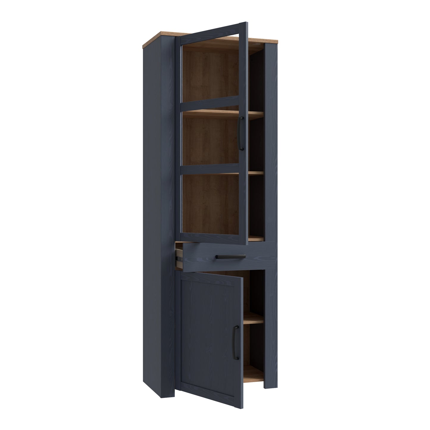 Bohol Narrow Display Cabinet with LED Lights in Navy Riviera Oak