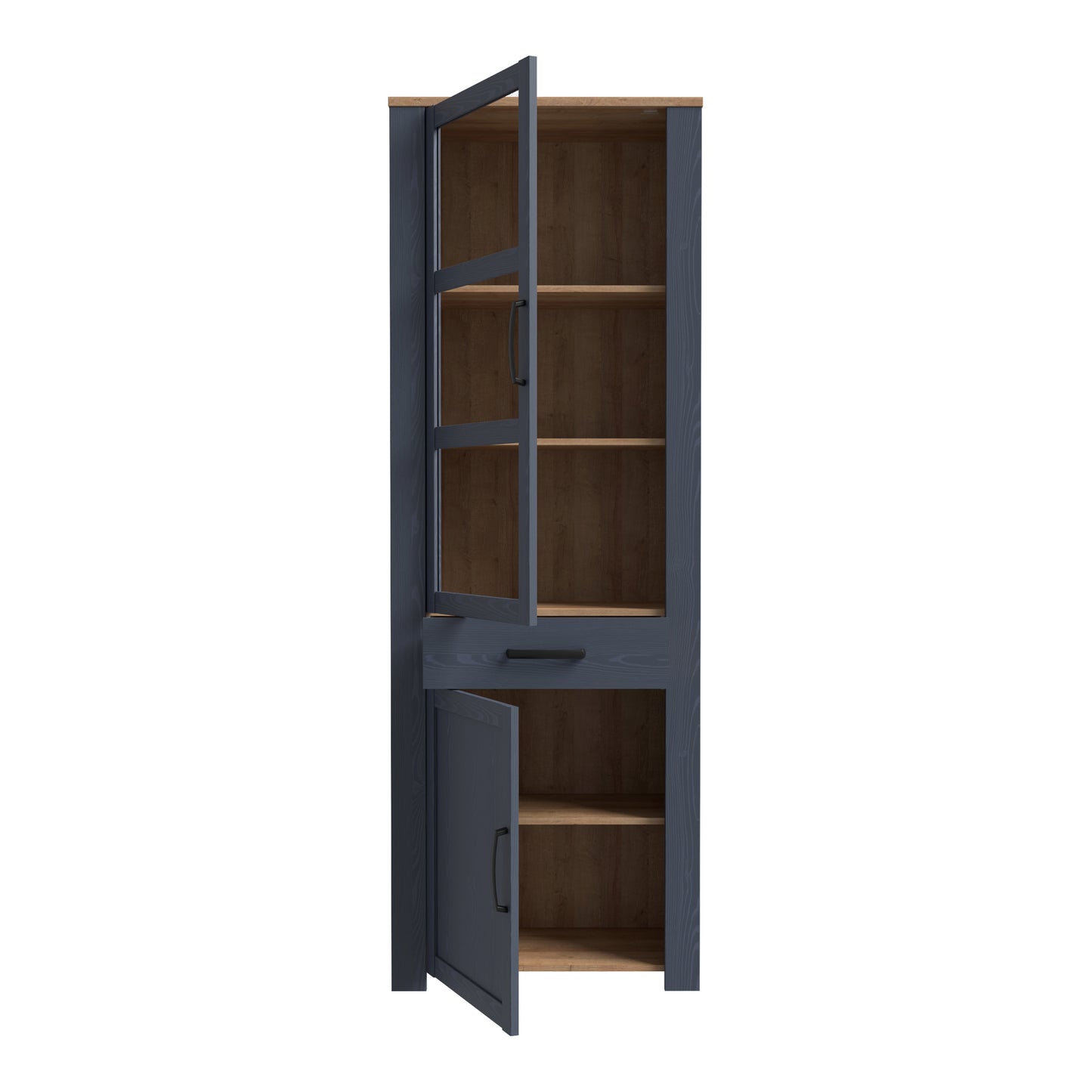Bohol Narrow Display Cabinet with LED Lights in Navy Riviera Oak