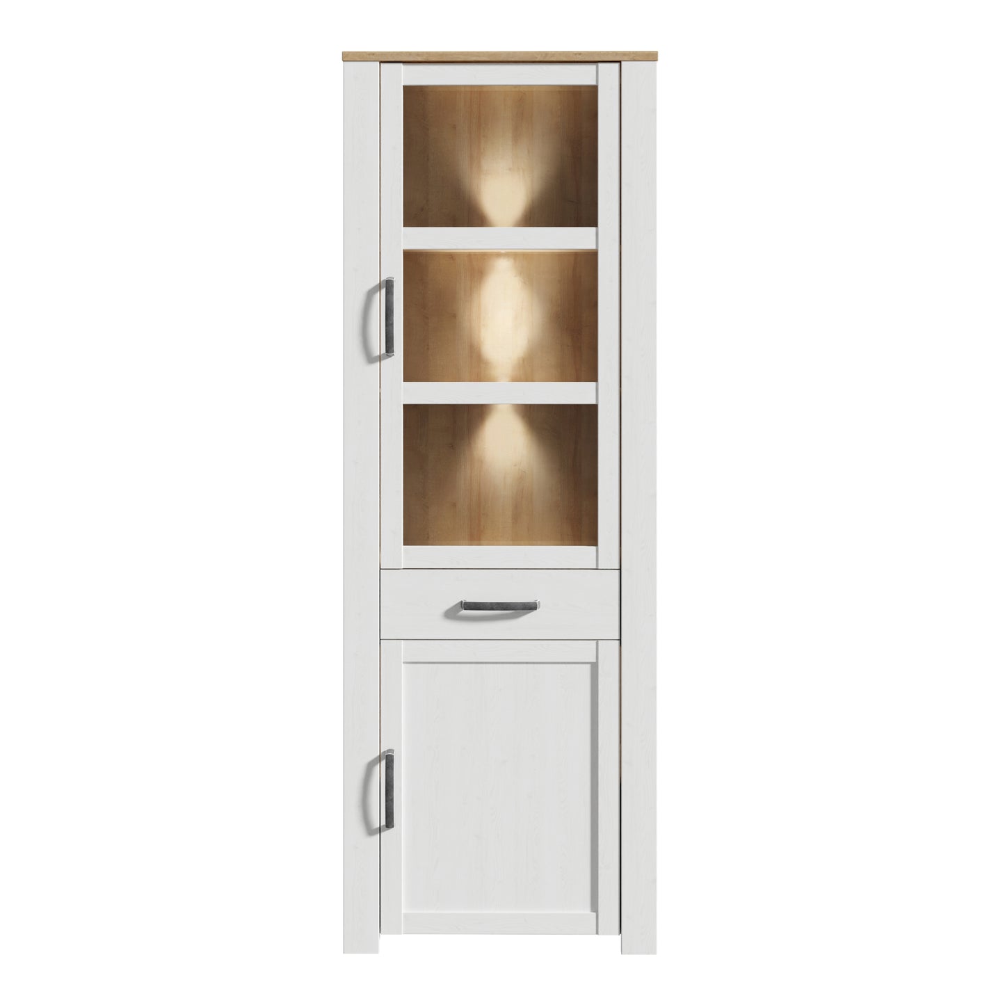 Bohol Narrow Display Cabinet with LED Lights in White Riviera Oak