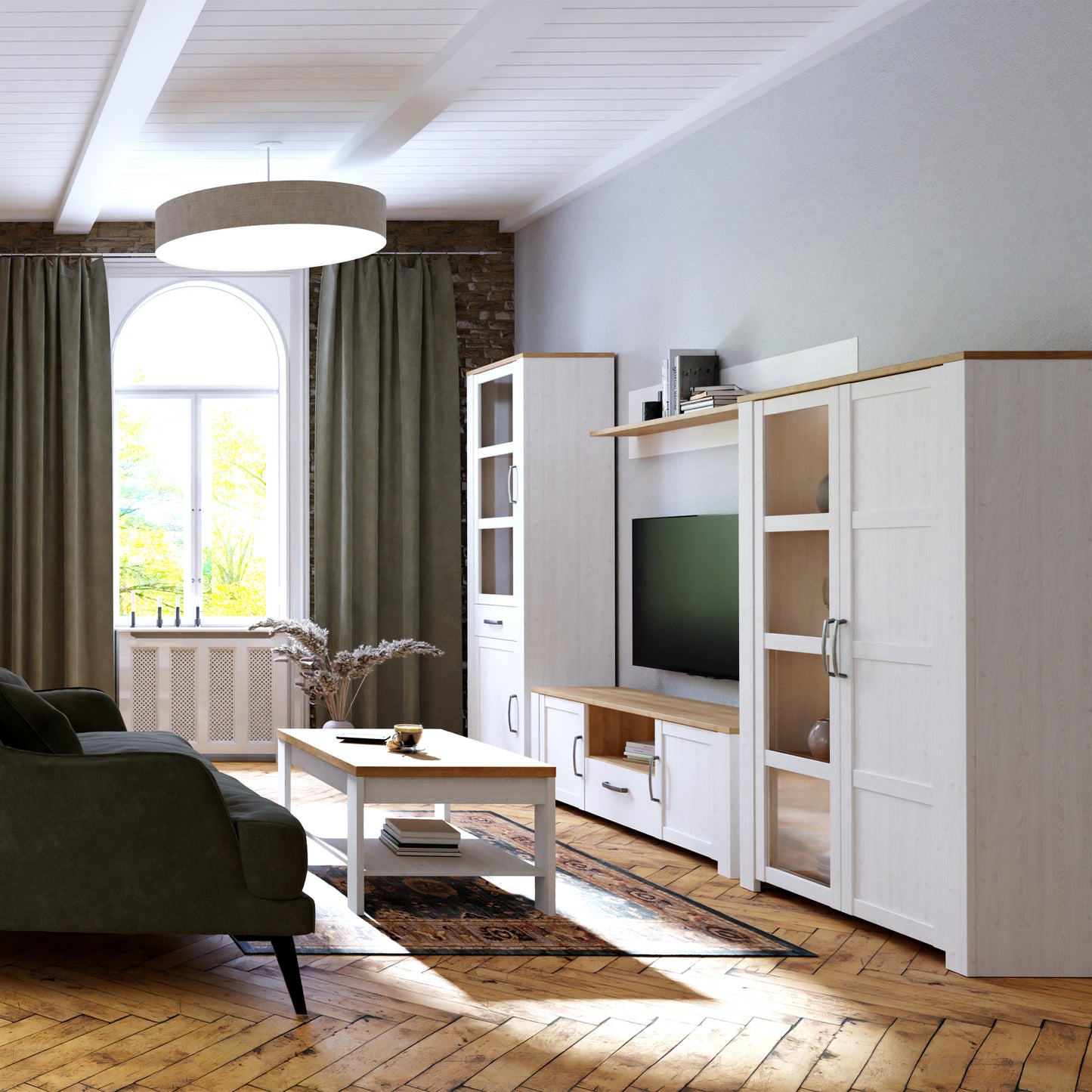 Bohol Narrow Display Cabinet with LED Lights in White Riviera Oak