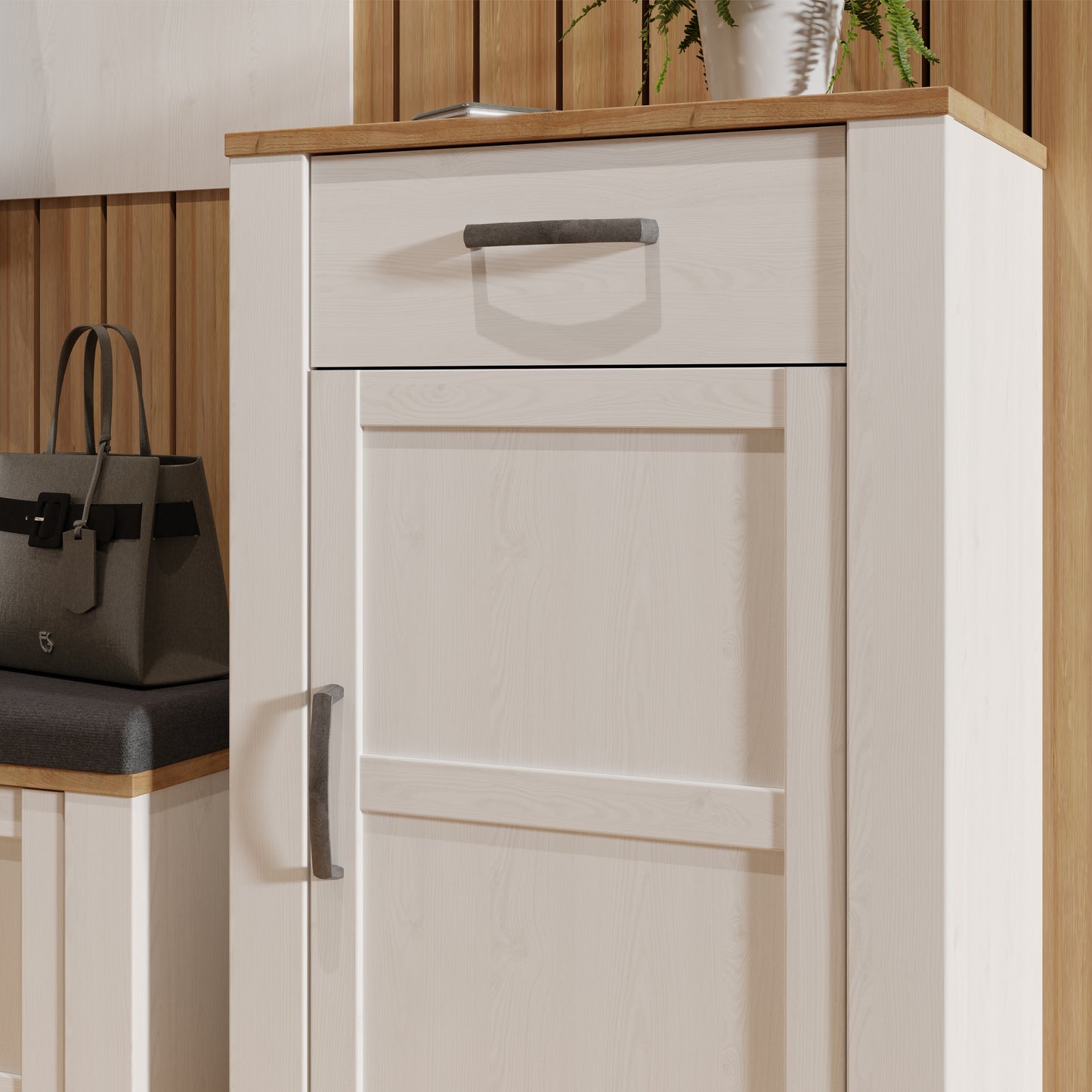Bohol 1 Door 1 Drawer Shoe Cabinet in White/Riviera Oak