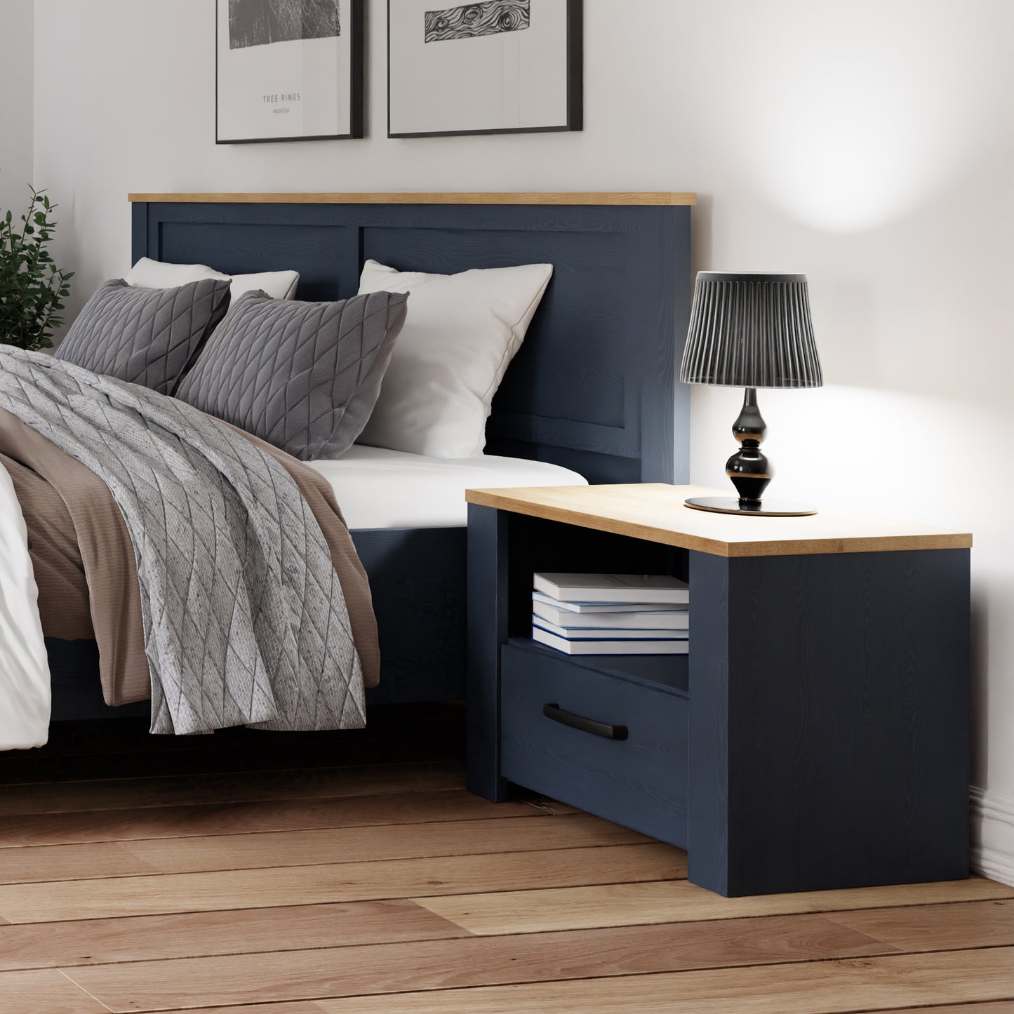 Bohol 1 Drawer Bedside in Navy/Riviera Oak