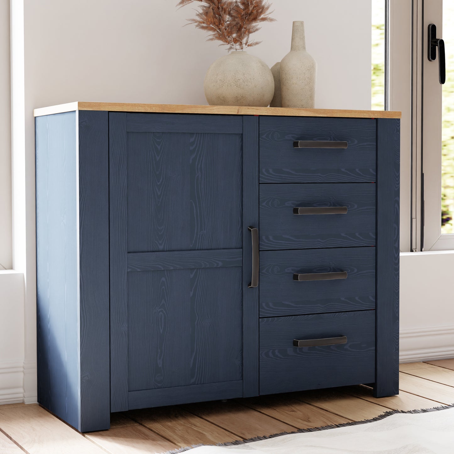 Bohol 1 Door 4 Drawer Chest in Navy/Riviera Oak