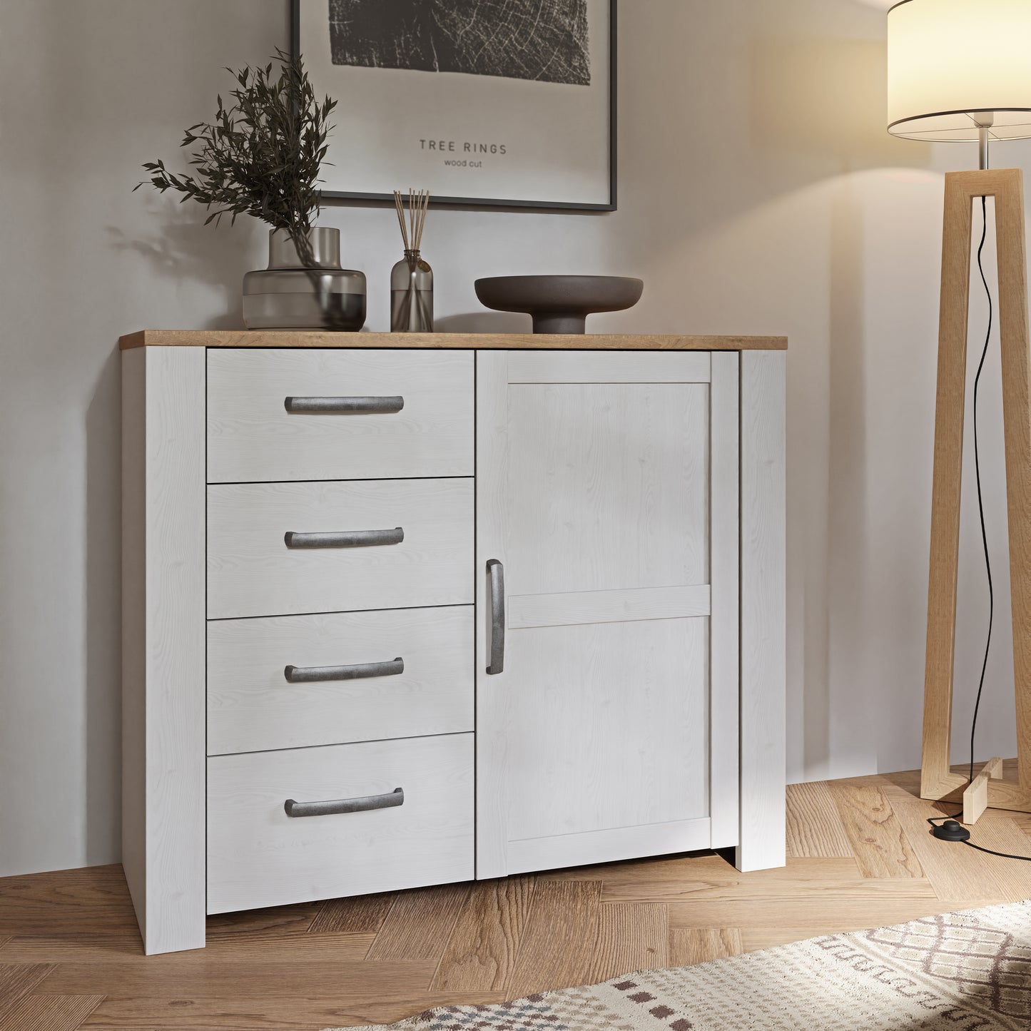Bohol 1 Door 4 Drawer Chest in White/Riviera Oak