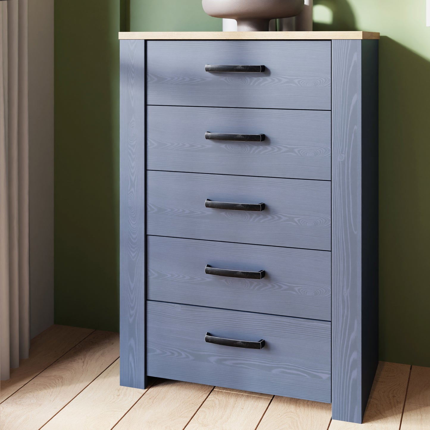 Bohol 5 Drawer Narrow Chest in Navy/Riviera Oak
