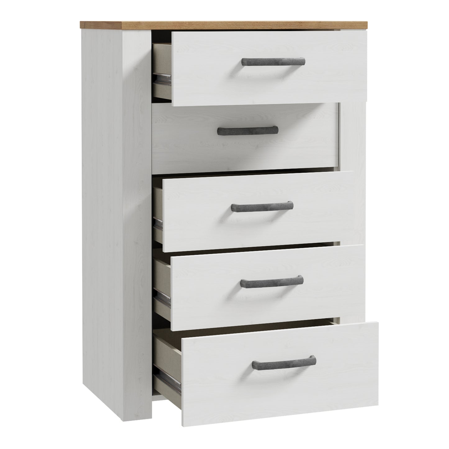 Bohol 5 Drawer Narrow Chest in White/Riviera Oak