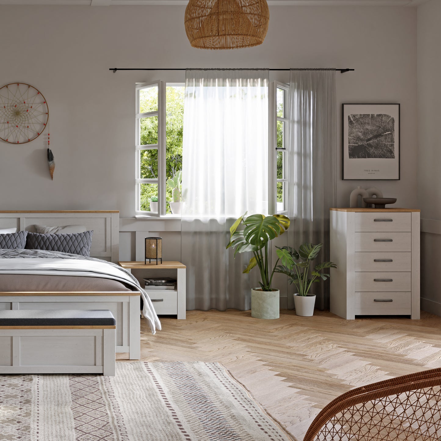 Bohol 5 Drawer Narrow Chest in White/Riviera Oak