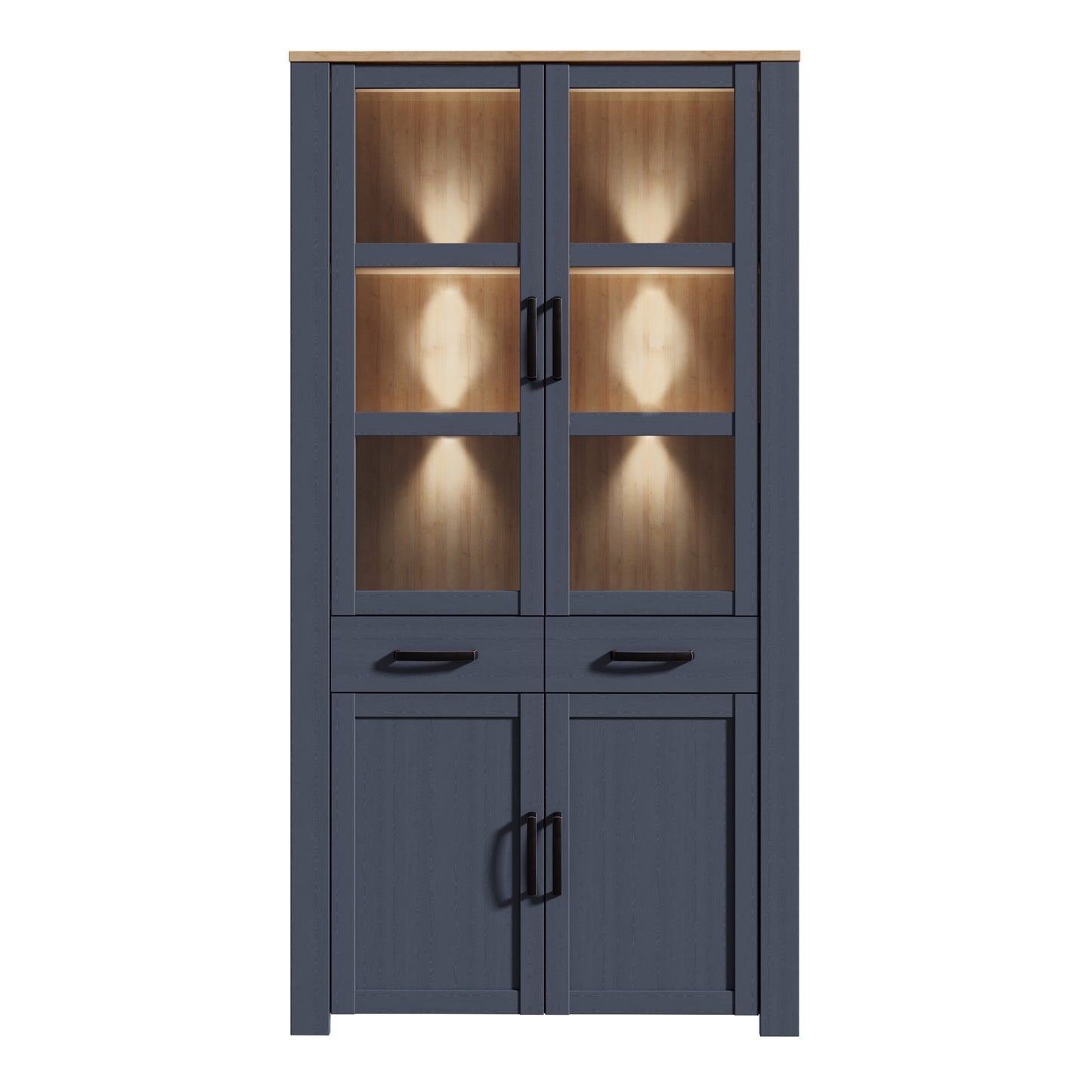 Bohol Display Cabinet 4 Door 2 Drawers in Navy/Riviera Oak with LED Lighting