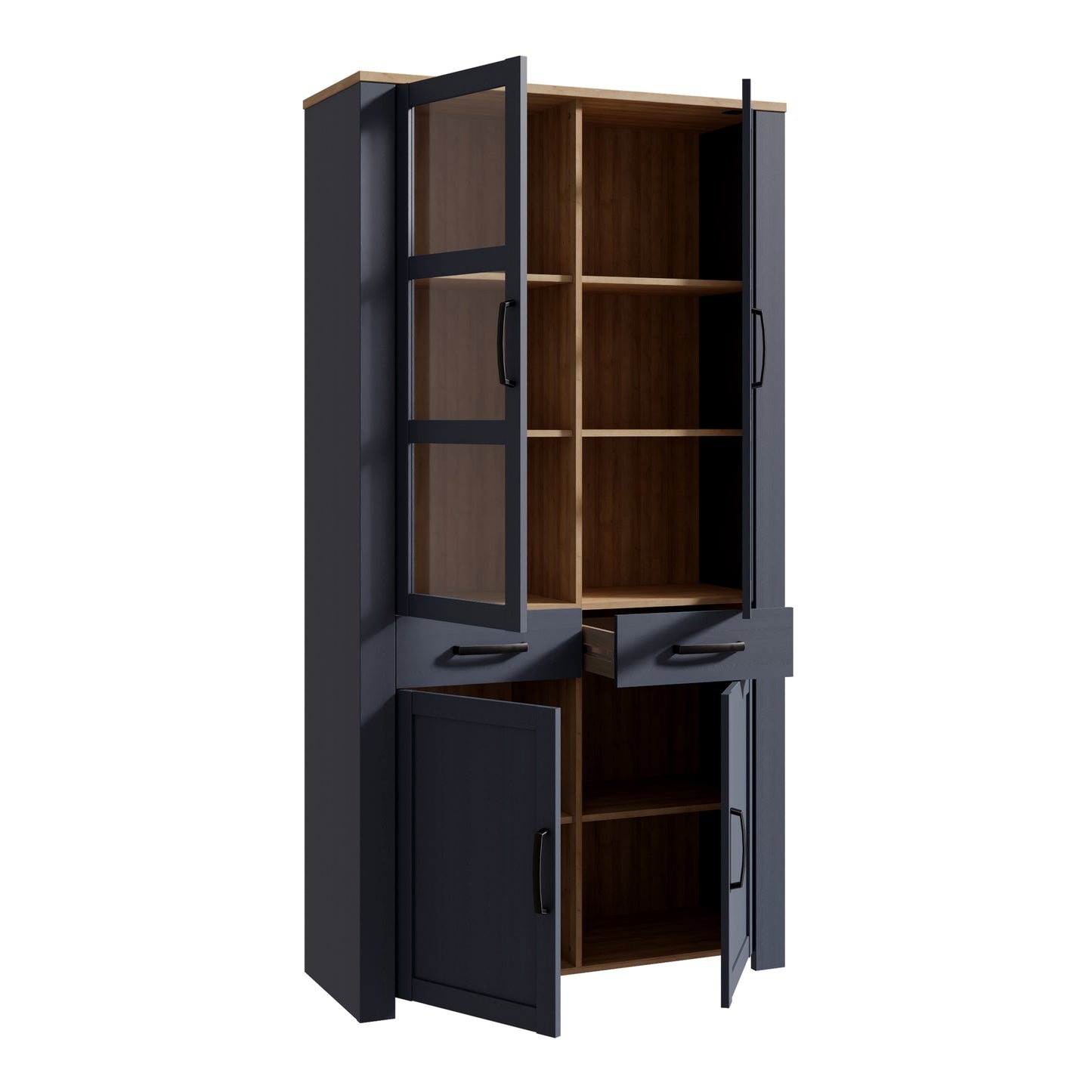 Bohol Display Cabinet 4 Door 2 Drawers in Navy/Riviera Oak with LED Lighting