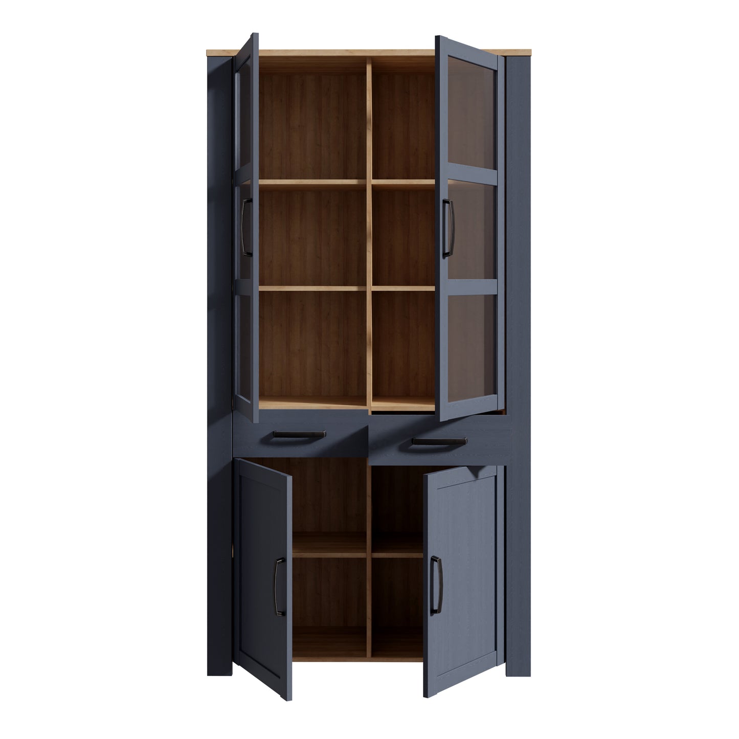 Bohol Display Cabinet 4 Door 2 Drawers in Navy/Riviera Oak with LED Lighting