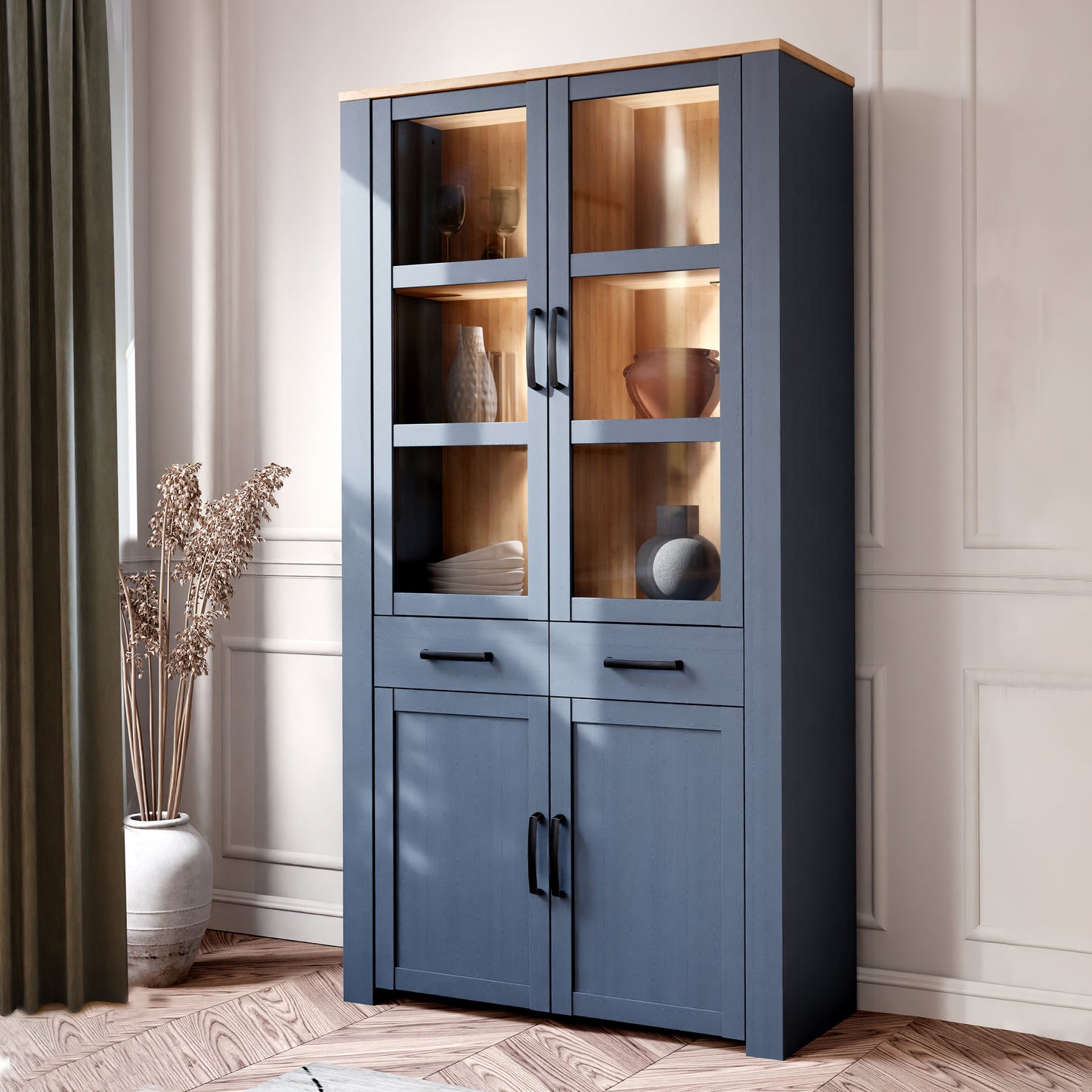 Bohol Display Cabinet 4 Door 2 Drawers in Navy/Riviera Oak with LED Lighting