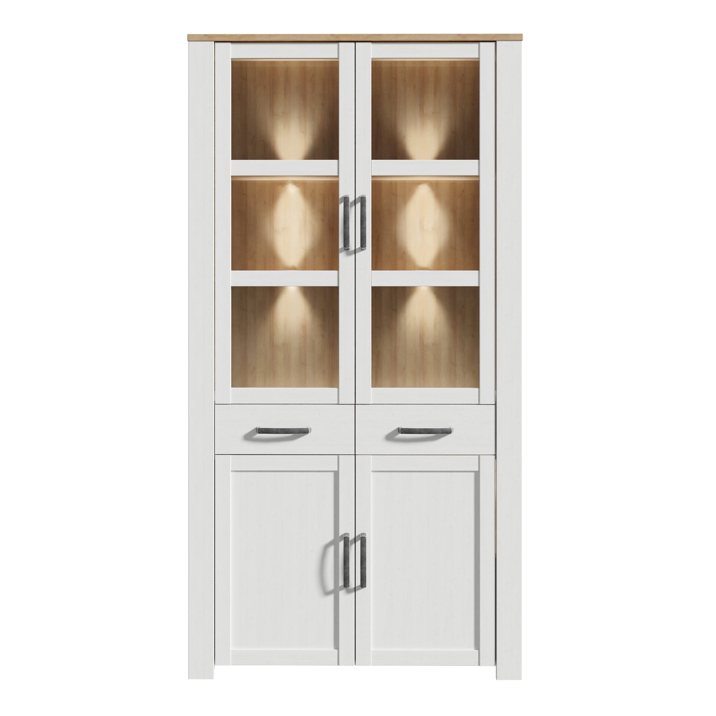Bohol Display Cabinet 4 Door 2 Drawers in White/Riviera Oak with LED Lighting