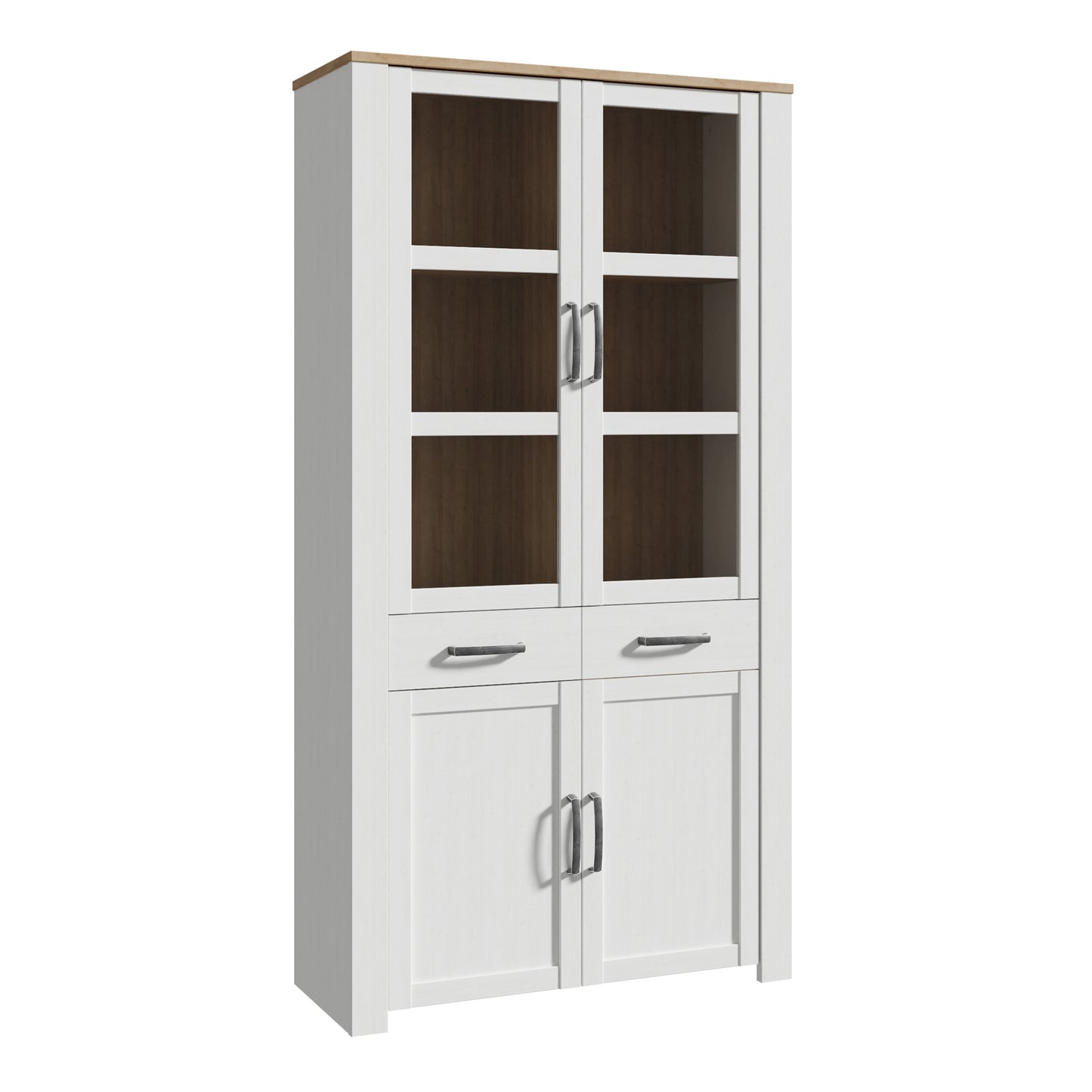 Bohol Display Cabinet 4 Door 2 Drawers in White/Riviera Oak with LED Lighting