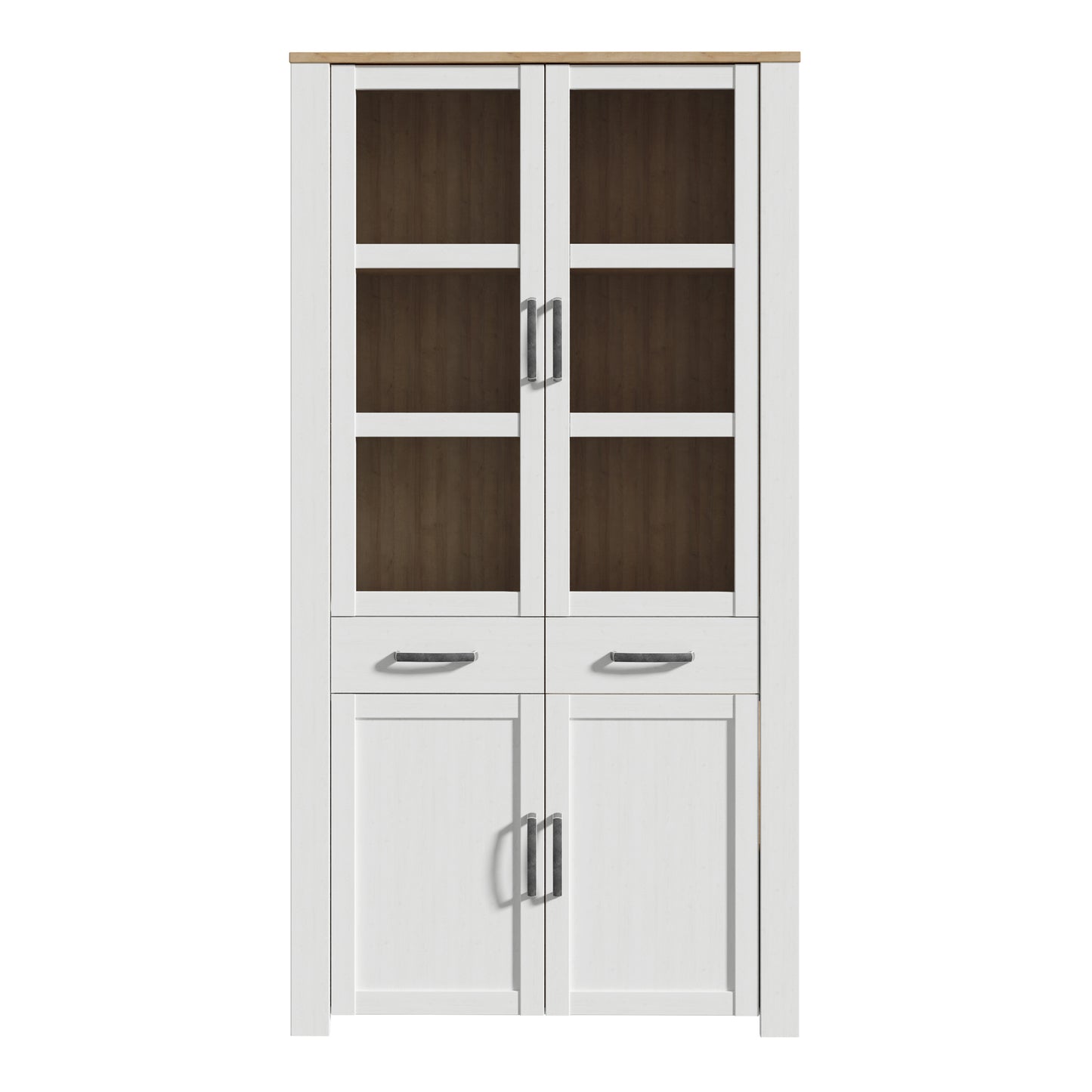 Bohol Display Cabinet 4 Door 2 Drawers in White/Riviera Oak with LED Lighting