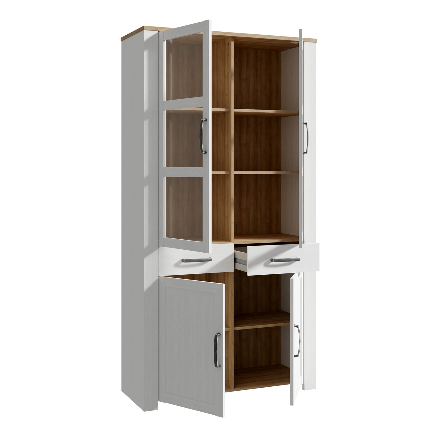 Bohol Display Cabinet 4 Door 2 Drawers in White/Riviera Oak with LED Lighting