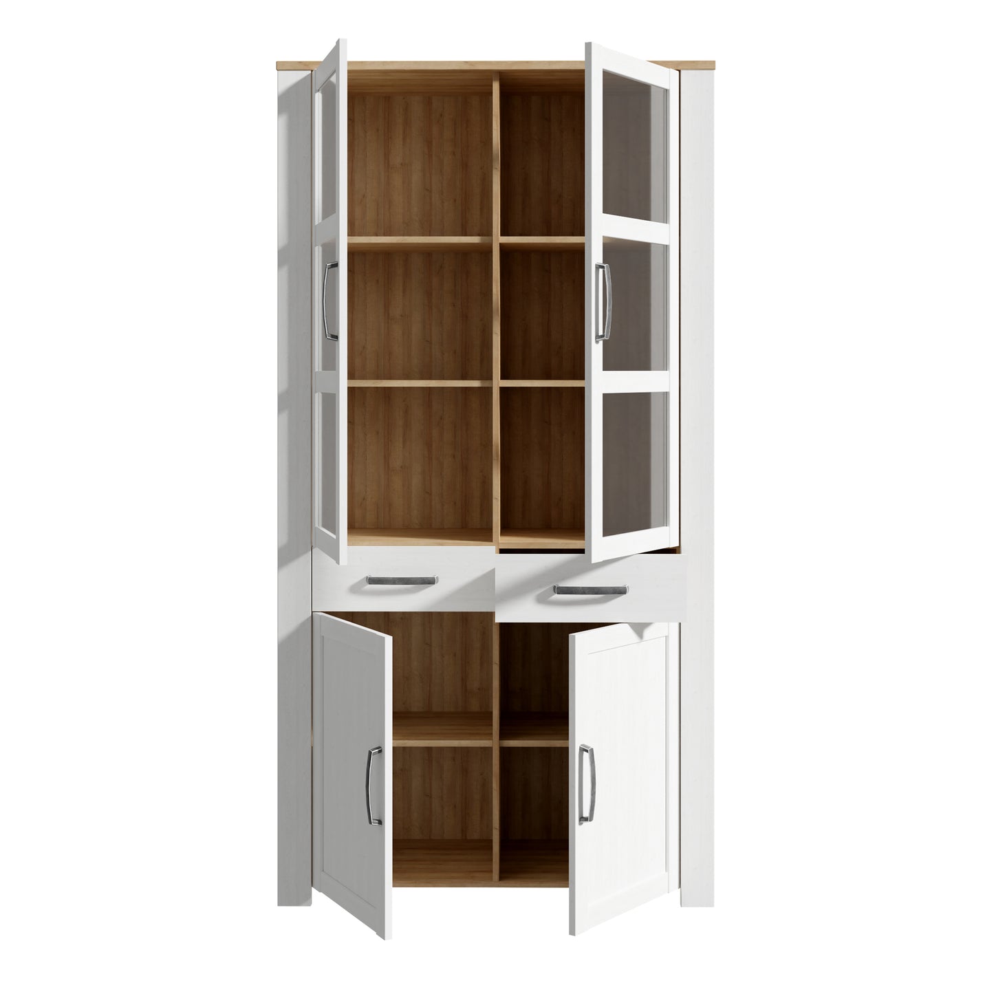 Bohol Display Cabinet 4 Door 2 Drawers in White/Riviera Oak with LED Lighting