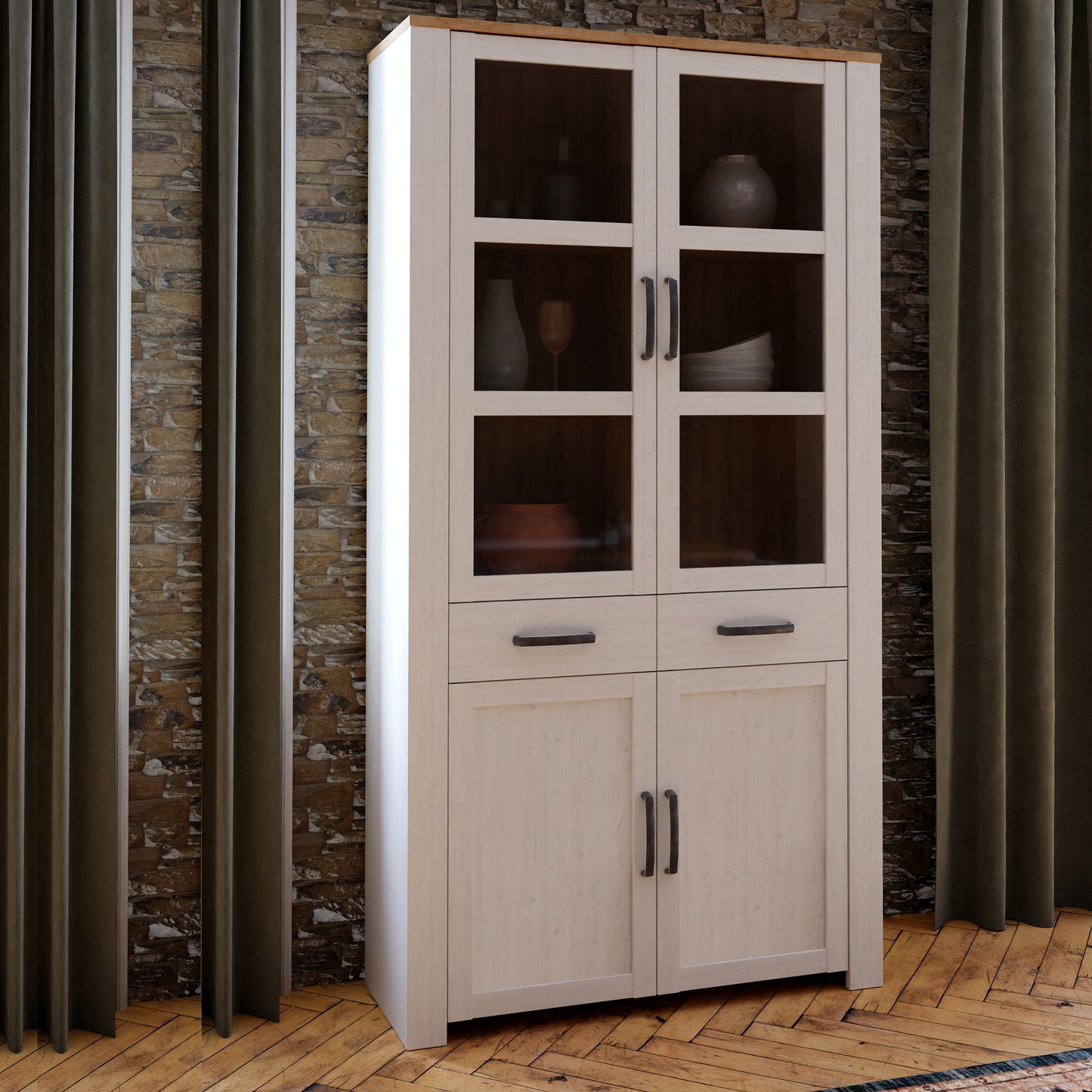 Bohol Display Cabinet 4 Door 2 Drawers in White/Riviera Oak with LED Lighting