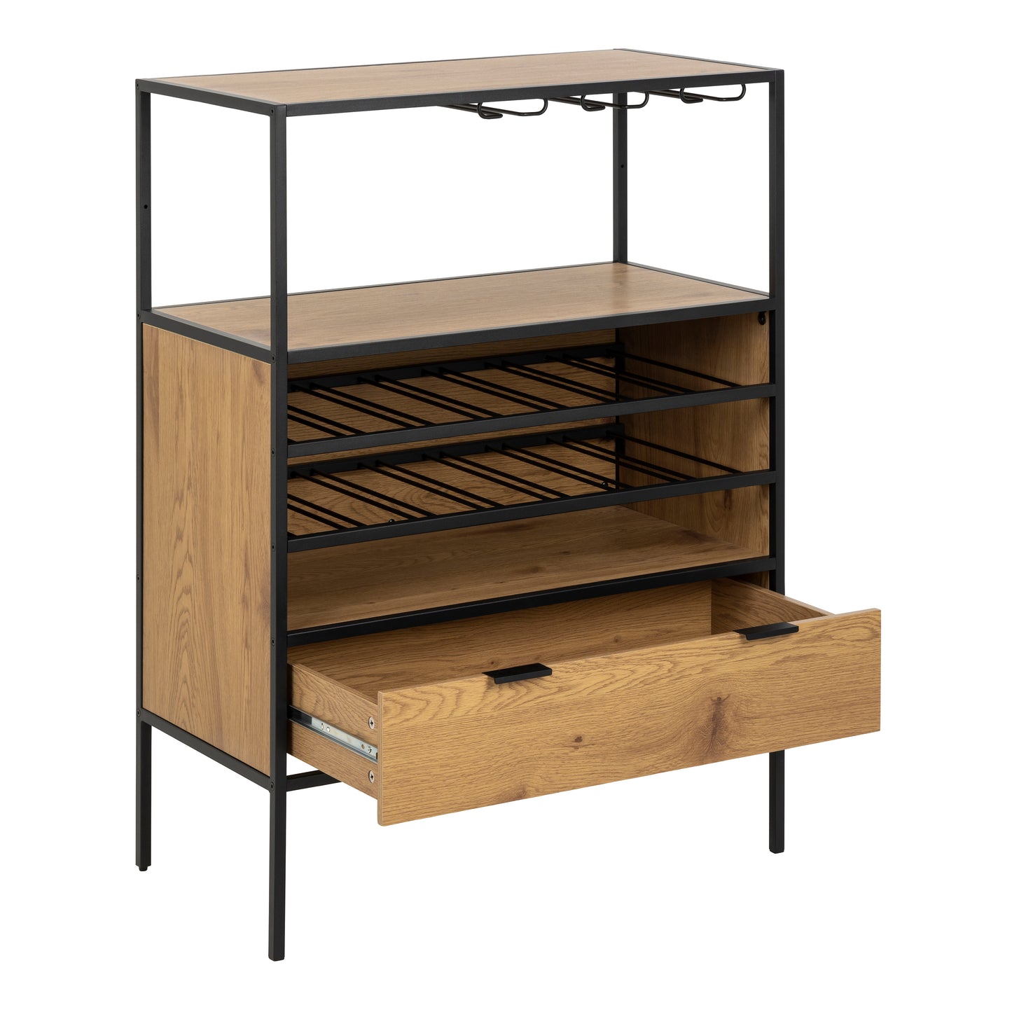 Seaford Cabinet with bottle rack, and glass holder in Black and Oak