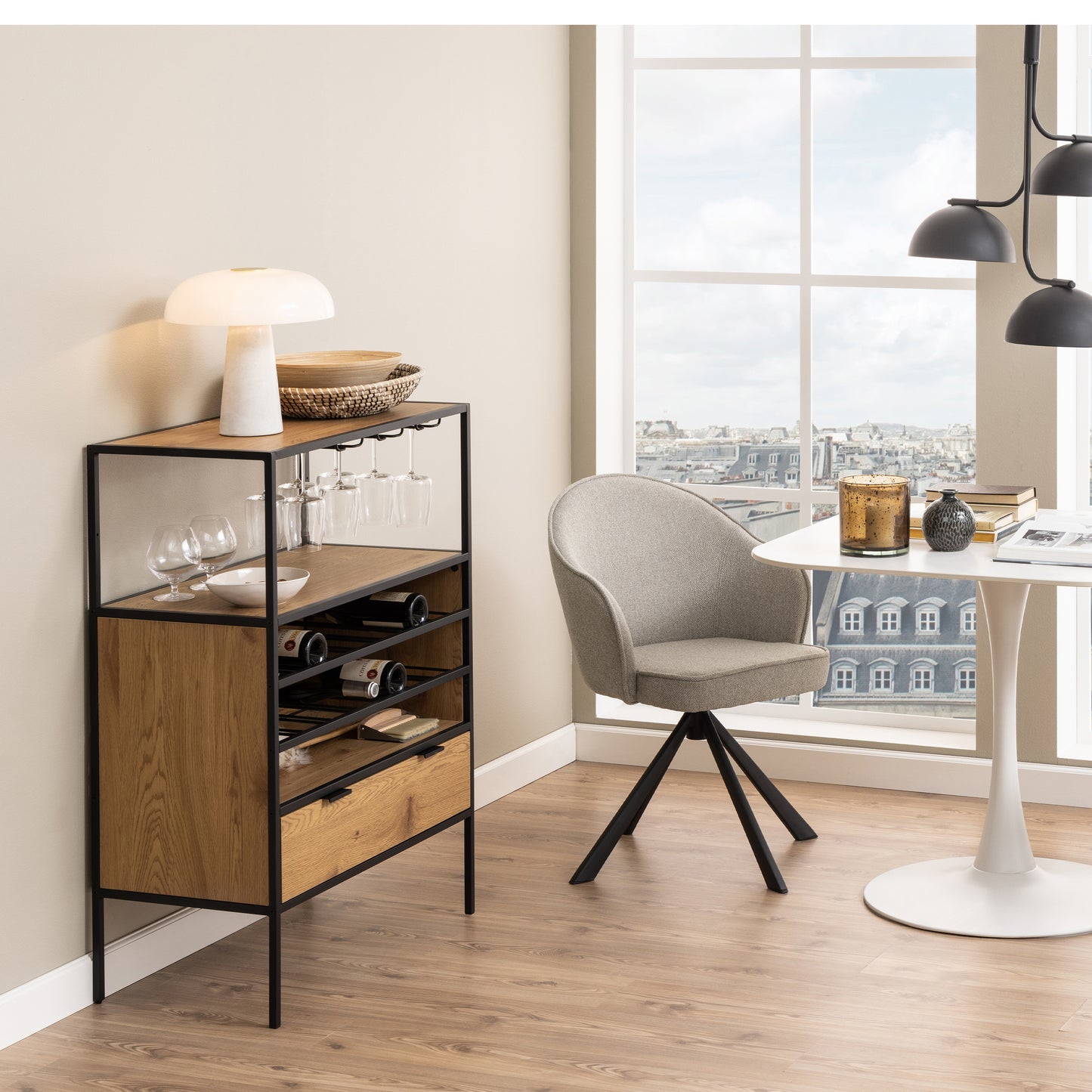 Seaford Cabinet with bottle rack, and glass holder in Black and Oak