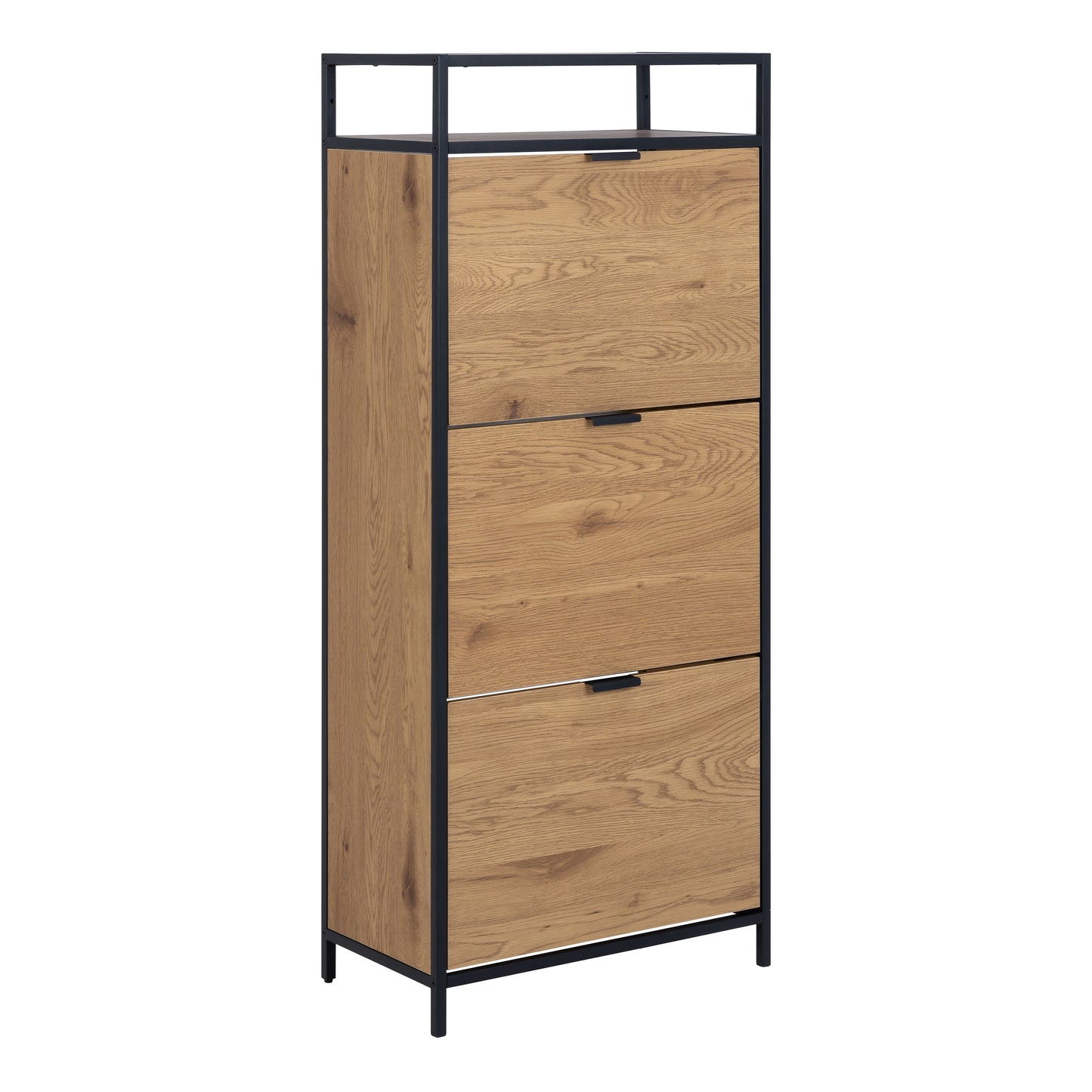 Wooden shoes cabinet with three drawers and a metal frame