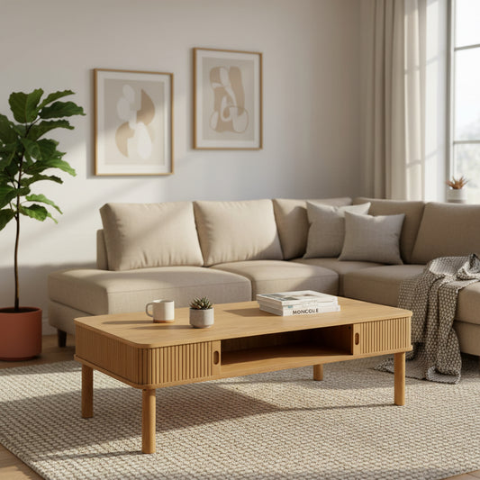 Oak rectangular coffee table with a sliding tambour doors