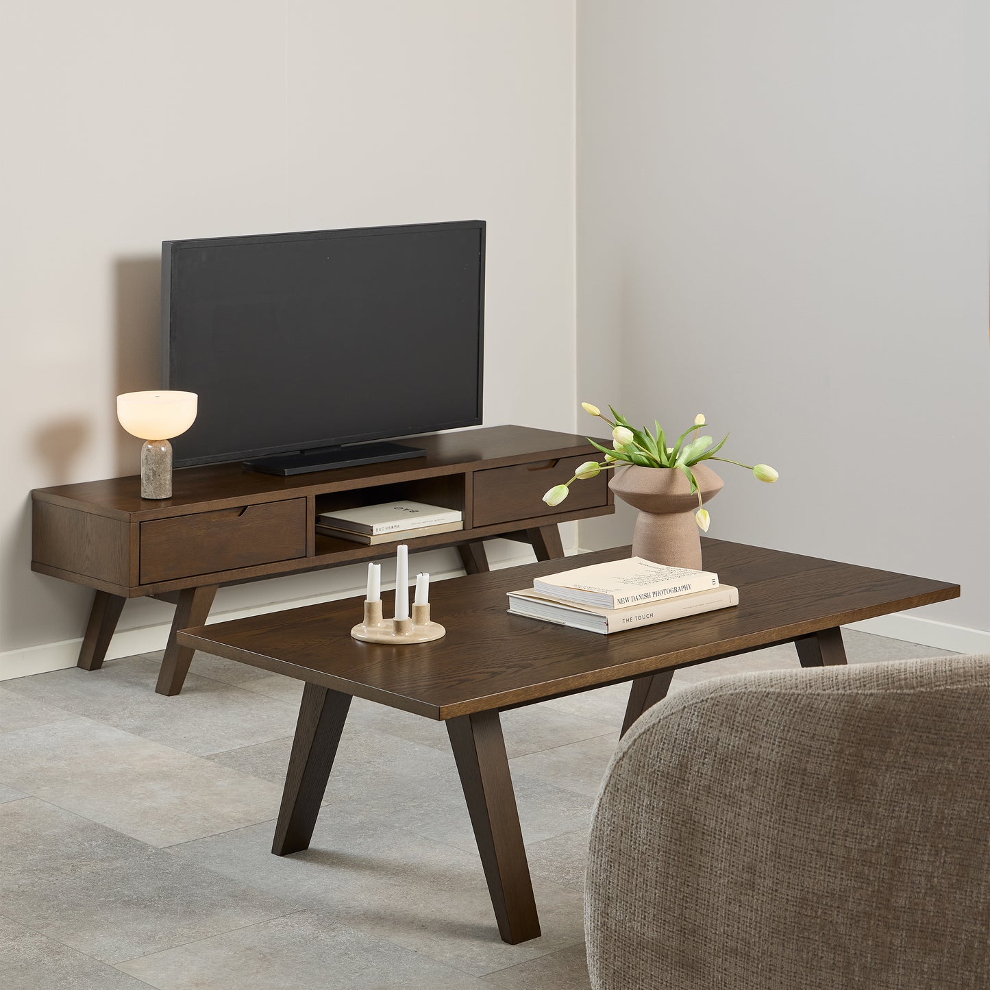 A-Line TV Unit with 2 Drawers in Smoked Oak