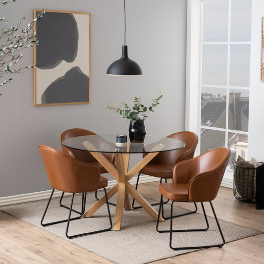 Meridian Round Dining Table with Glass Top Oak Base