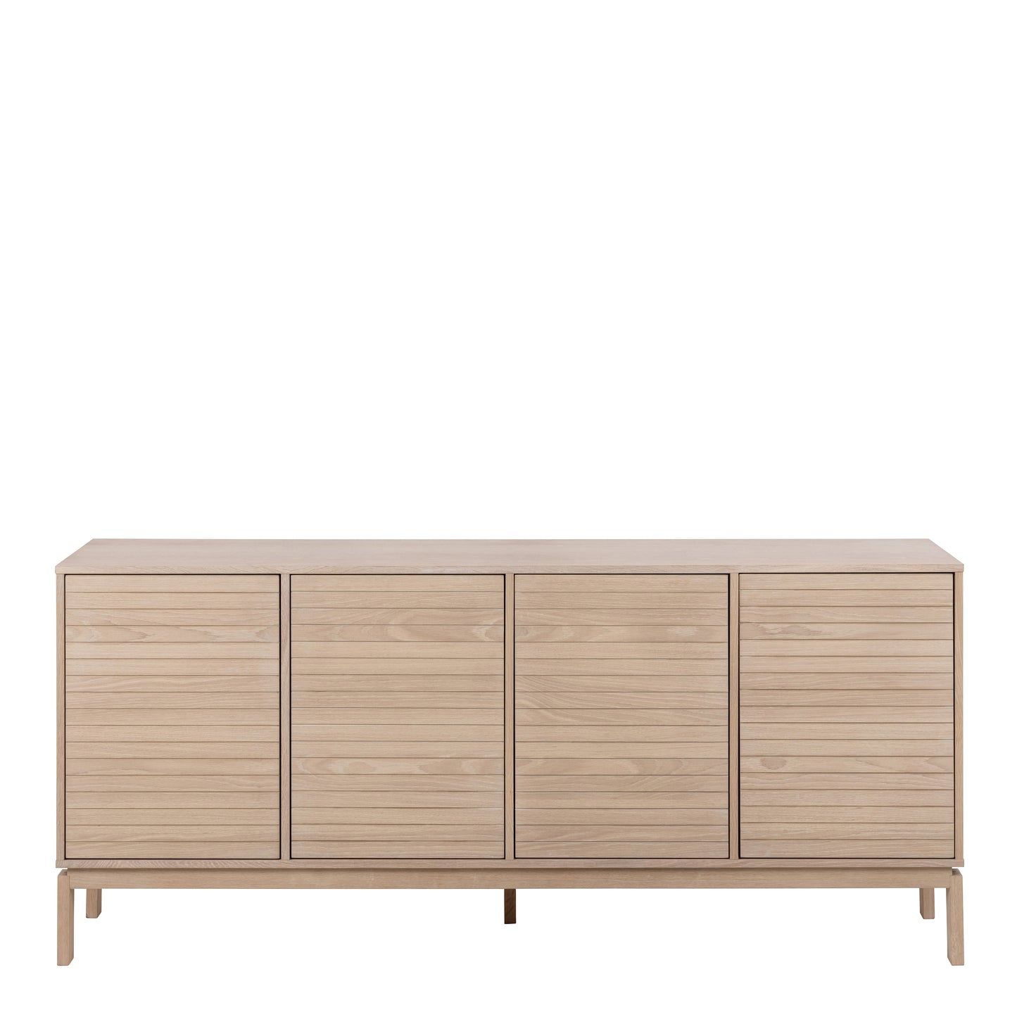 Modern light wood sideboard with four slatted doors and raised legs in Scandinavian design.