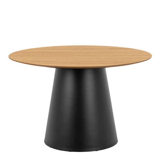 Round table with wooden top and black cylindrical base