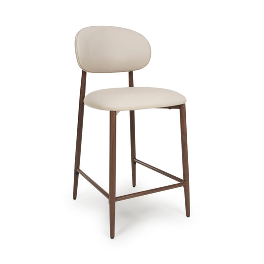 A modern counter stool with a curved cream upholstered backrest and seat, supported by slim dark brown wood legs and a footrest