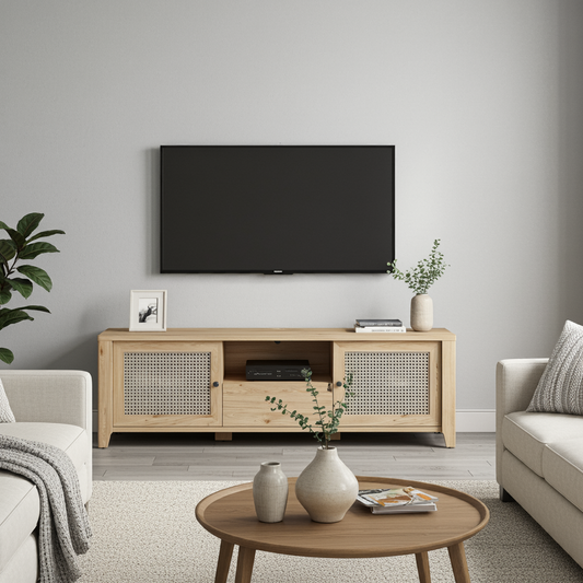 Cestino 2 Door 1 Drawer TV Unit in Jackson Hickory Oak and Rattan Effect