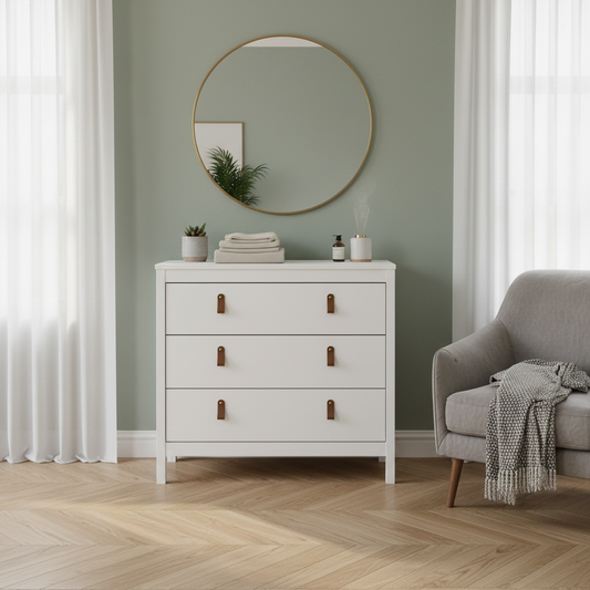 Harrow 3 Drawers Chest in White with Leather Tab Handles