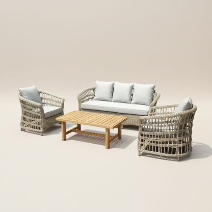 Outdoor furniture set with wicker chairs and a wooden table 