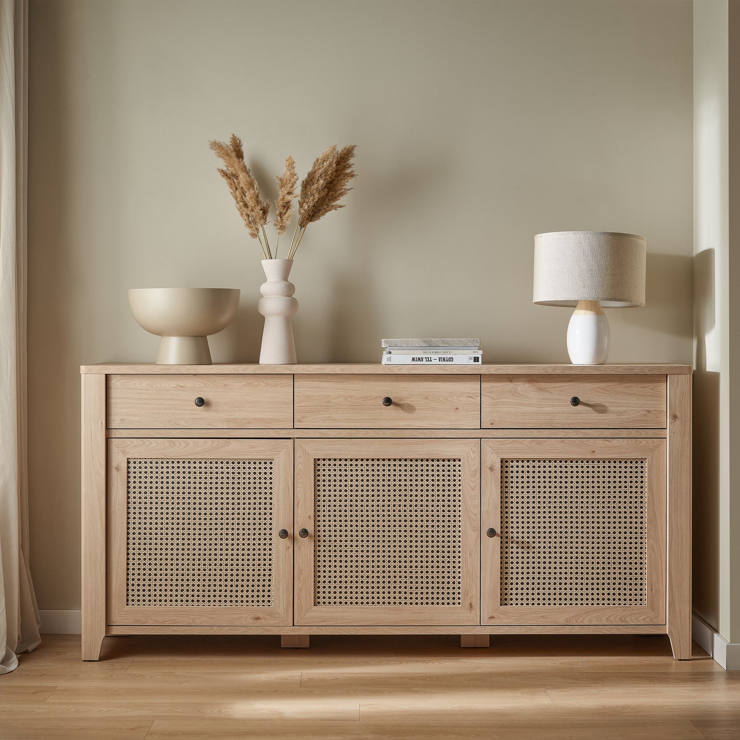 Cestino 3 Door 3 Drawer Sideboard in Jackson Hickory Oak and Rattan Effect