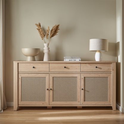 Cestino 3 Door 3 Drawer Sideboard in Jackson Hickory Oak and Rattan Effect