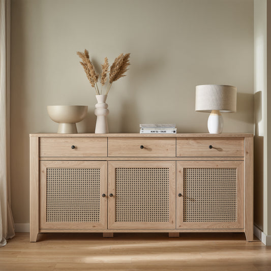 Cestino 3 Door 3 Drawer Sideboard in Jackson Hickory Oak and Rattan Effect