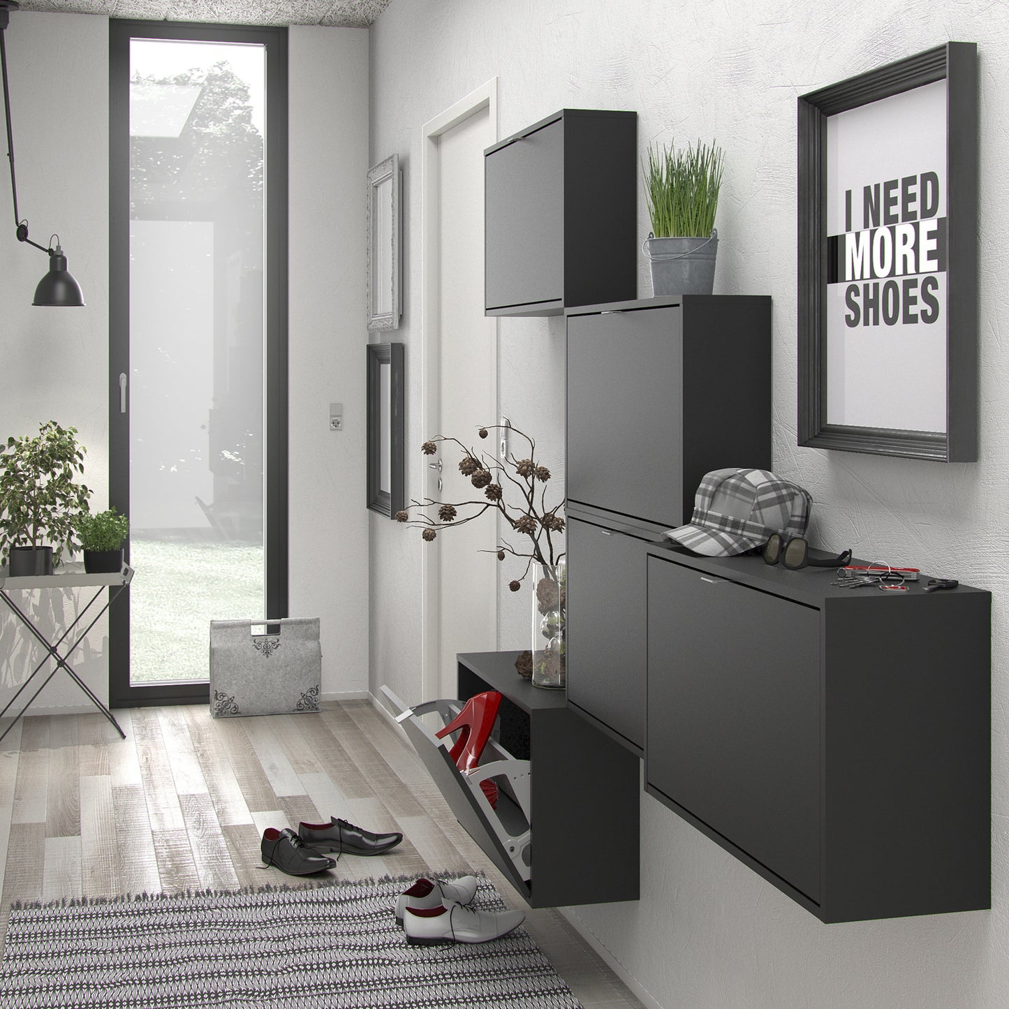 Shoes Cabinet with 3 Flip Down Doors in Matt Black