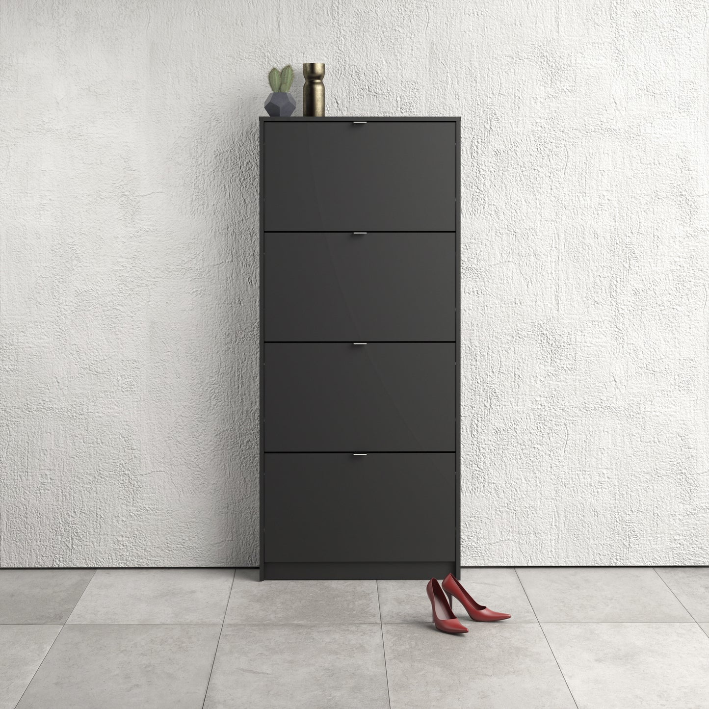 Shoes Cabinet with 4 Flip Down Doors in Matt Black