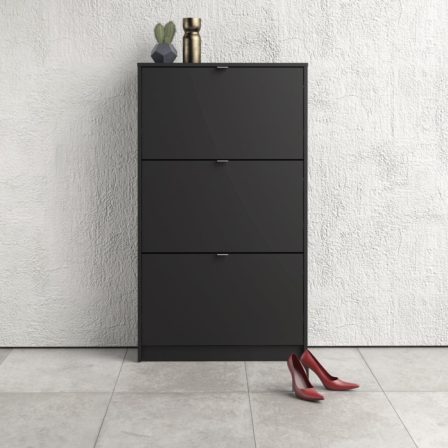 Forma Shoe Cabinet with 3 Flip Down Doors and 2 Layers in Matt Black