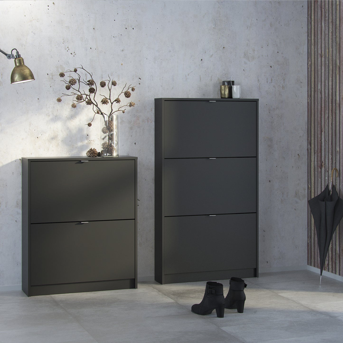 Forma Shoe Cabinet with 3 Flip Down Doors and 2 Layers in Matt Black