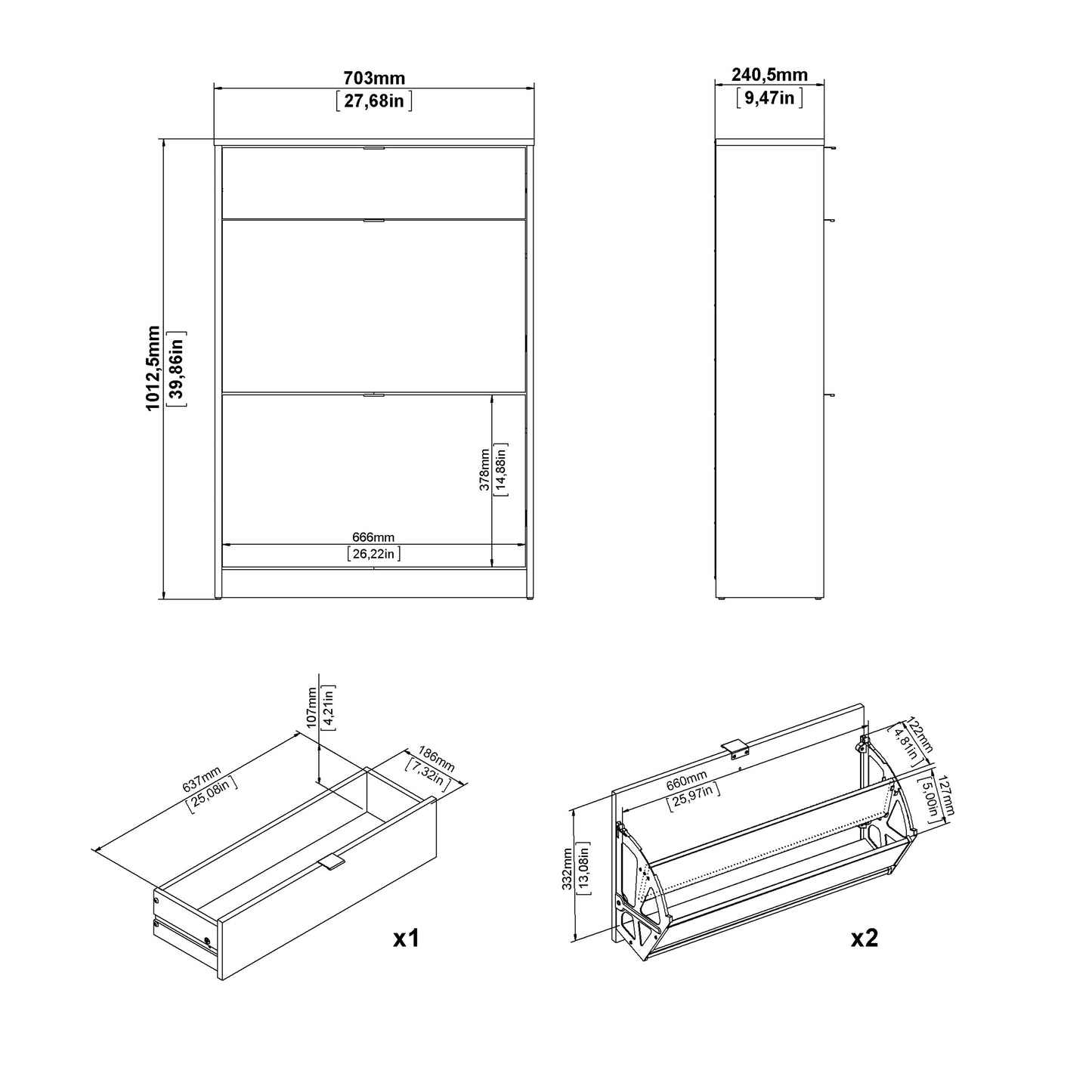 Forma Shoe Cabinet 2 Flip Down Doors + 1 Drawer in White