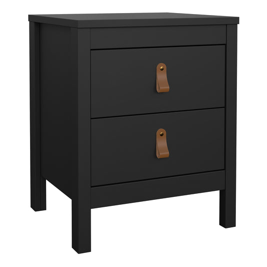 Black nightstand with two drawers and leather handles 